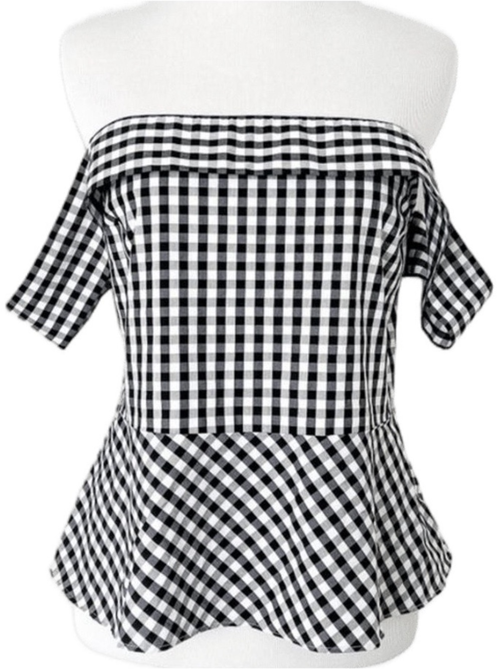 EXPRESS Off-Shoulder Black & White Gingham Plaid Peplum Top